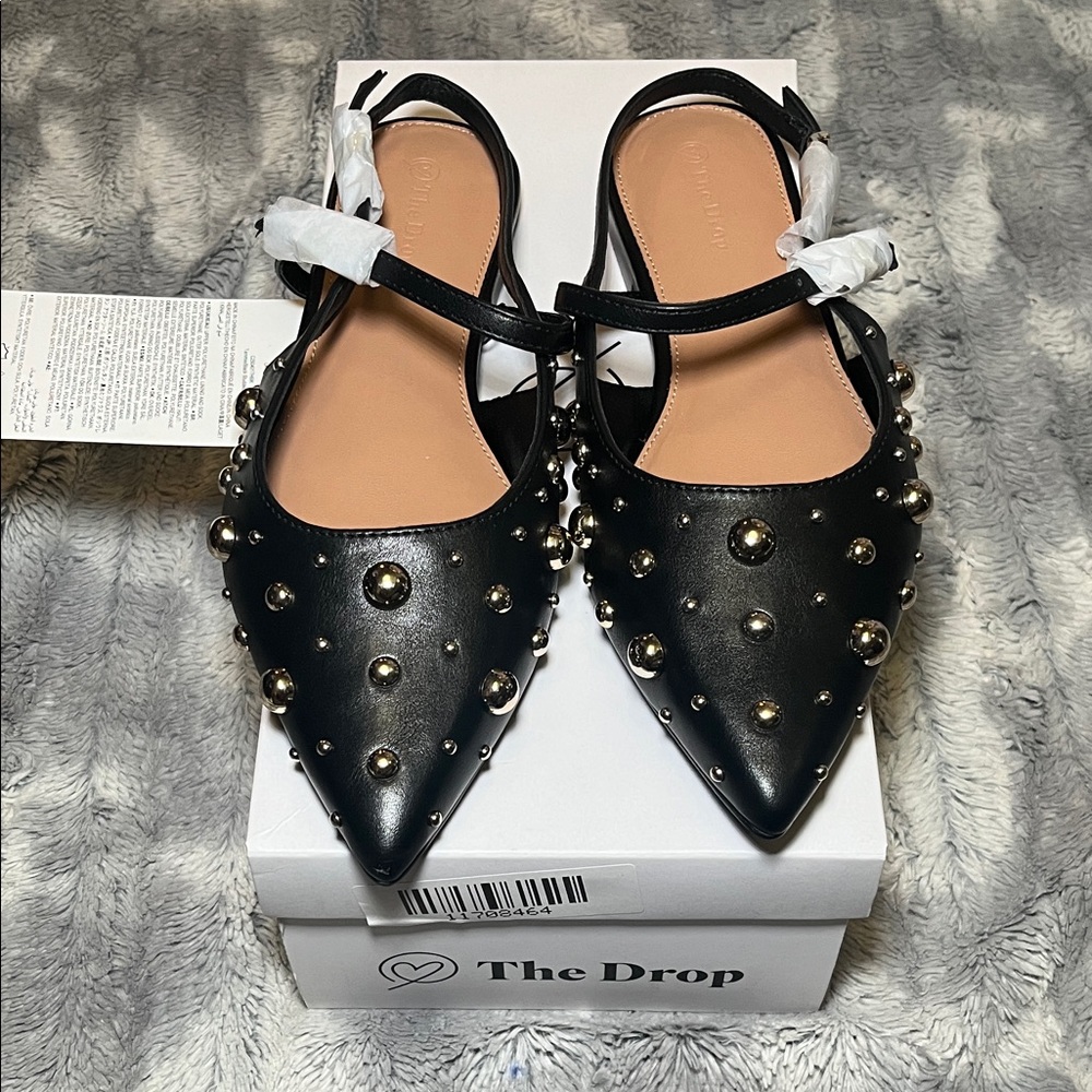 The Drop Tammie Pointed Toe Black Studded Slingback Flats - Picture 3 of 11